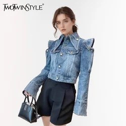 TWOTWINSTYLE Denim Hollow Out Jackets For Women Lapel Long Sleeve Patchwork Single Breasted Vintage Casual Jacket Female Clothes