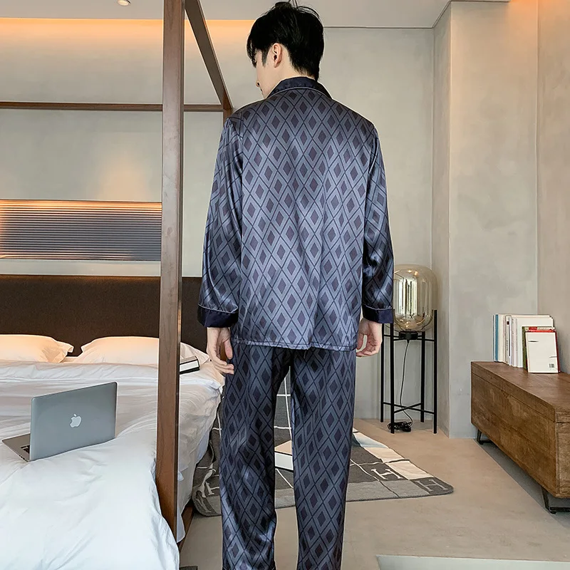 ملابس نوم بيجامات رجالية للخريف من الحرير الجليدي بأكمام طويلة بنطلون فضفاض مقاس كبير ملابس نوم حريرية للربيع والخريف #4