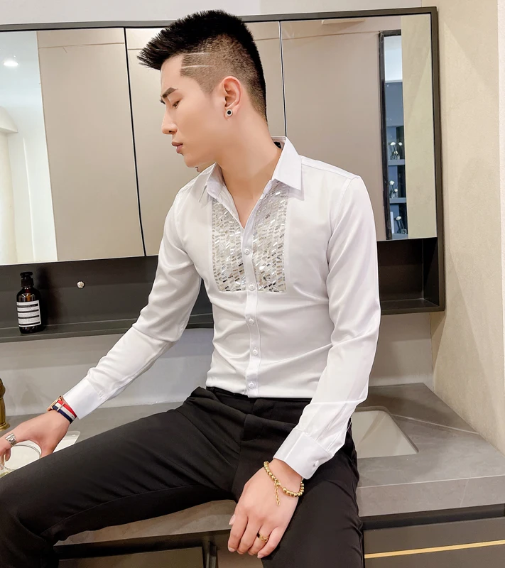 

Spring Autumn Men's Long Sleeve Casual Slim Fit Shirt Iron Free Personality Popular Youth Print Color Woven Fabric Sharp Collar