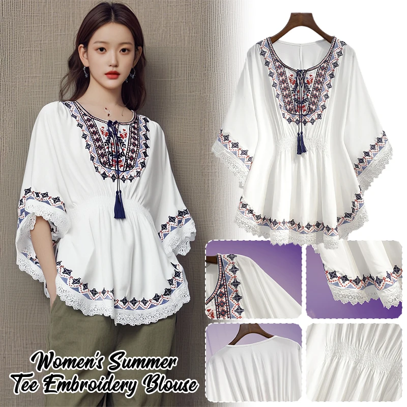 

Fashionable Ethnic Style Pullover Shirt Bohemian Embroidered Cotton Blend Blouse Tunic Loose Women's Summer Tops Beach Wear Tees