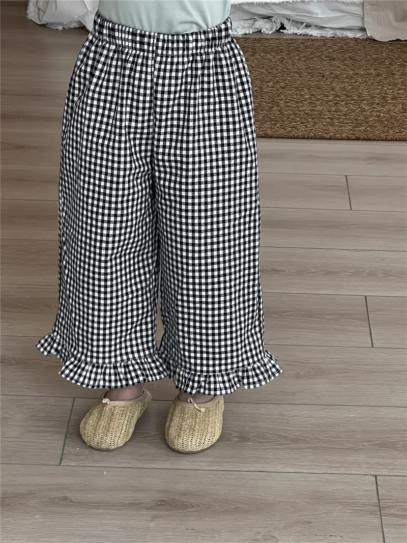 Lace Plaid Pants 2025 Spring and Summer New Korean Simple Fashion Casual Plaid Lace Pants Kids Clothes - Image 2