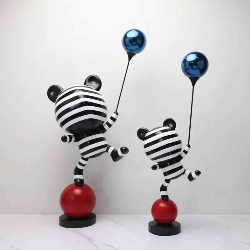 Contemporary Striped Balloon Bear Statue, Cute Room Decor, Cartoon Figurine for Living Area, Resin Craft, Original Presents