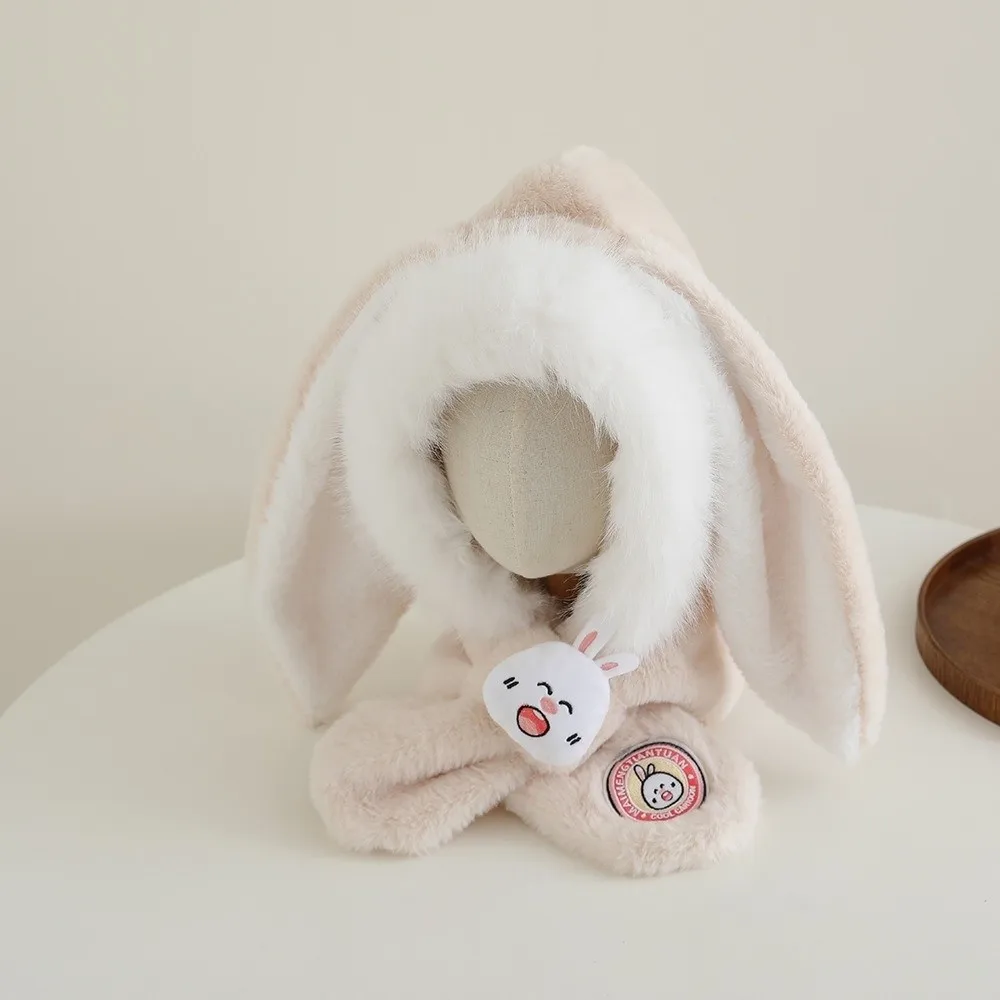 Cute Integrated Hat Scarf Set Warm Coldproof Neck Warmer Long Rabbit Ears Windproof Pullover Cap 2-12Y