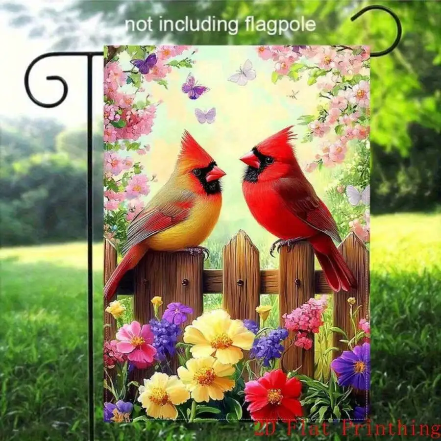 

2D Flat 1pc Cardinal Blooming Flowers Garden Flag, Double Sided Polyester Bird Floral Decor, 12x18 Inch No Flagpole Included
