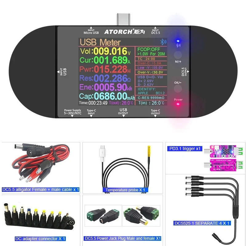 Цифровой USB-тестер UD24, вольтметр-амперметр с разъемом Type-C, для внешних аккумуляторов, с функцией быстрой зарядки