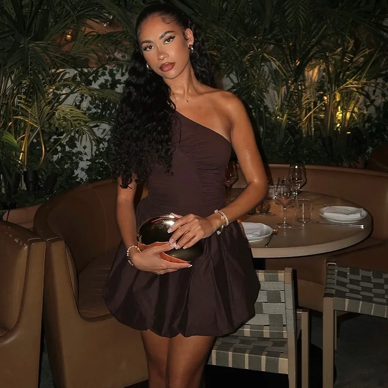 Women's Elegant Asymmetrical One-shoulder Solid Color A-line Dress, Slanted Neckline Sleeveless Ruffle Short Dress