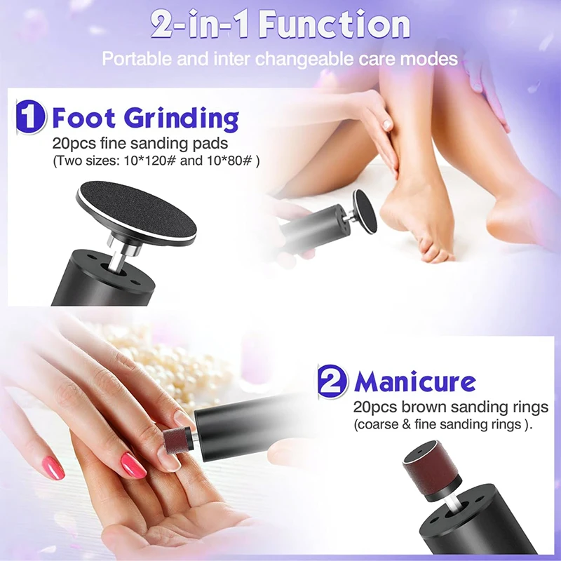 2 in 1 Electric Foot Callus Remover Foot Care Tool File Heels Dead Skin Pedicure Machine Foot Grinder with Replacement Sandpaper