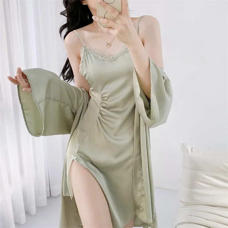 Twinset Lace Robe Set Spring Summer Rayon Bathrobe Gown Suit Kimono Nightgown Lingerie Women Silky Satin Sleepwear Homewear