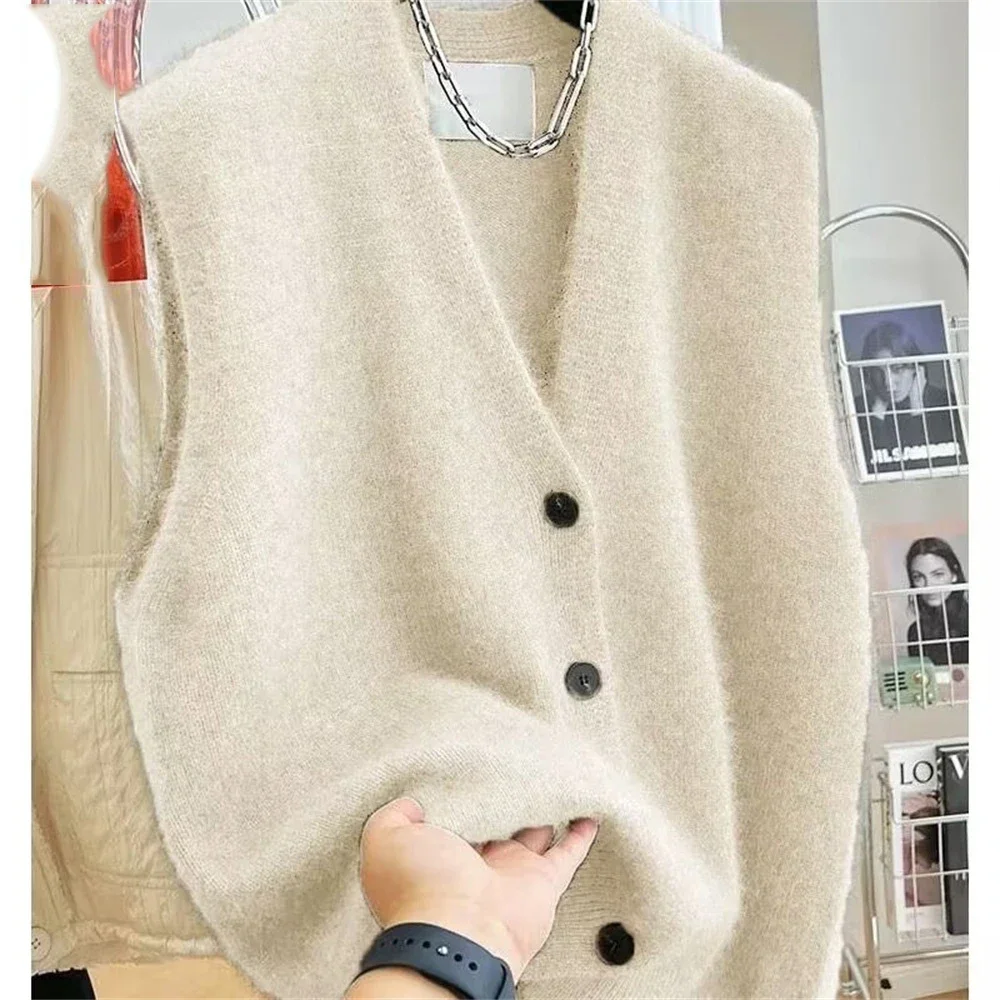 2025 nuevo suéter con cuello en V para mujer, chaleco, abrigo, cárdigan de punto sin mangas a la moda para mujer, chalecos, ropa de estilo coreano, Top