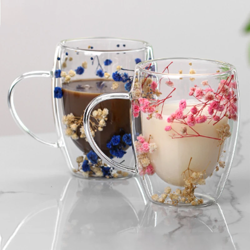 350ml Double Wall Glass Cup With Handle Dried Flower Decorated Coffee Cup Milk Mug Heat Resistant Tea Cups Kitchen Supplies