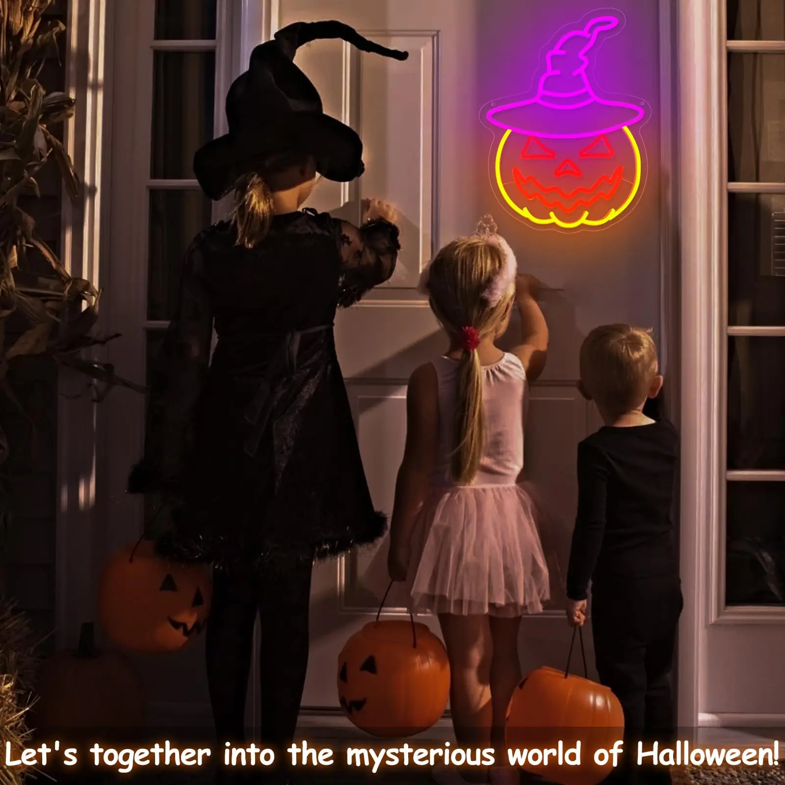 Insegna al neon di Halloween Cappello da strega Zucca Alimentazione USB con interruttore dimmerabile Zucca per portico Bar Finestra Camera da letto Sfondo festa