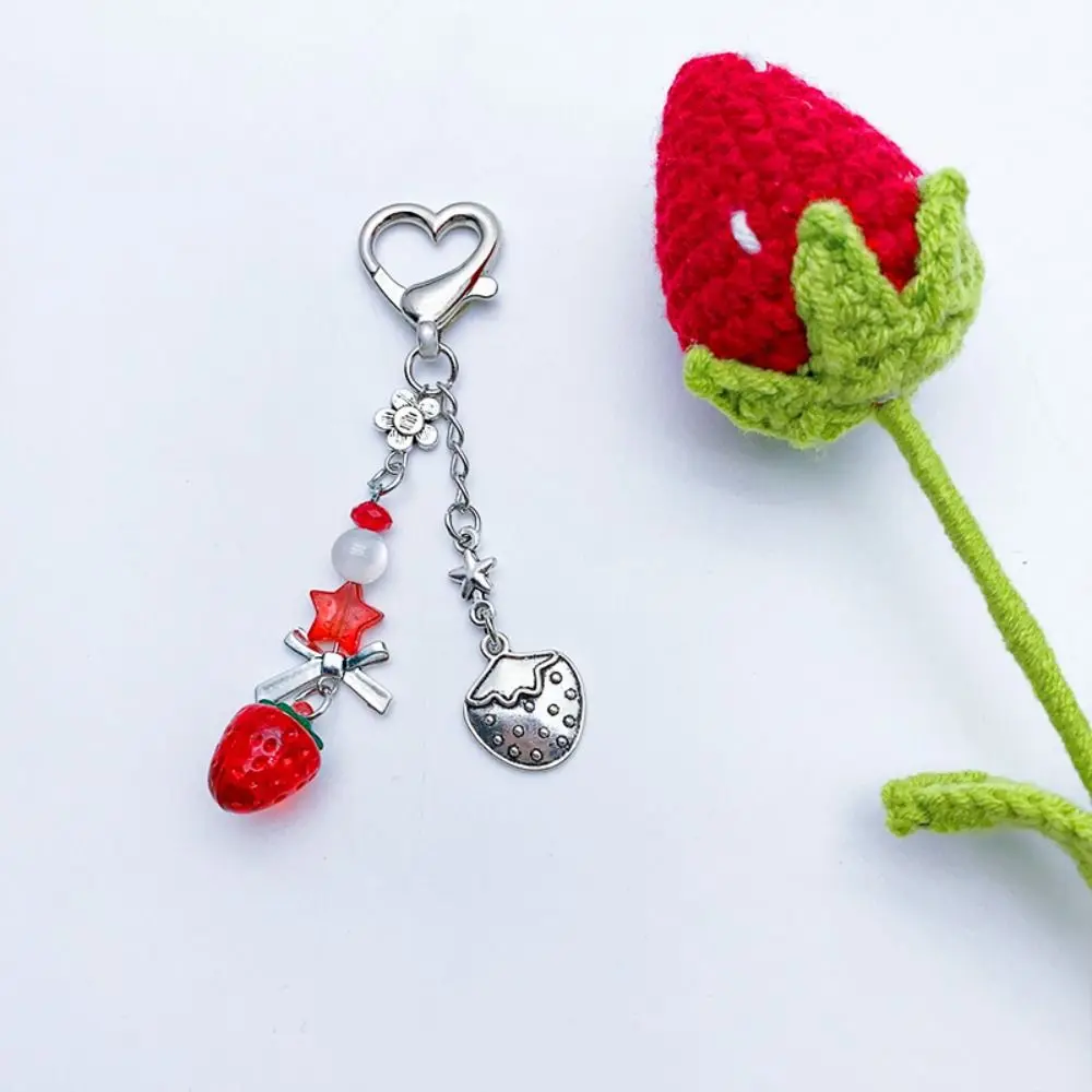 Handmade Beads Strawberry Keychain Flower Heart Bow Bag Pendant Strawberry Keyring Star Beads Phone Chain Jewelry Accessories