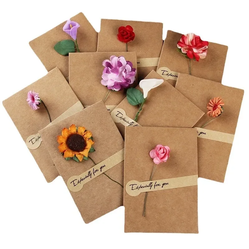 

5 Packs Flowers Greeting Cards with Kraft Paper Envelopes Handwritten Christmas Thank You Blessing Card Wedding Invitations