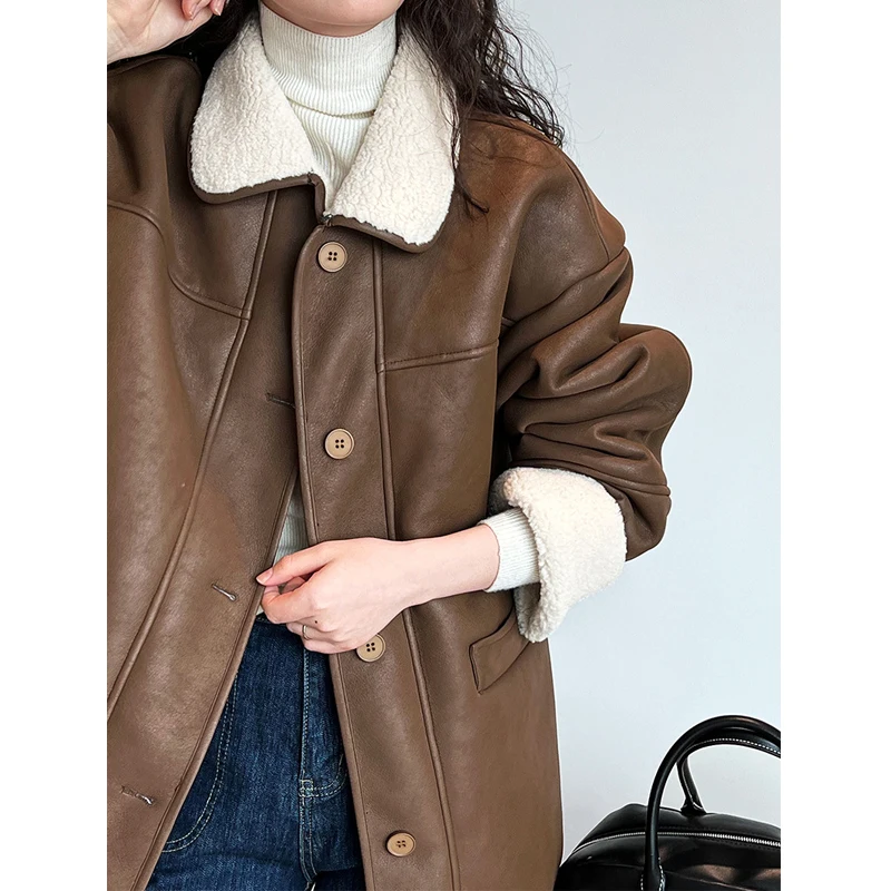 Women Autumn Coats Single Button Pu Leather Jacket Coat Feminino Lambswool Fleece Long Sleeve Tops For Women Parka Femme Coat