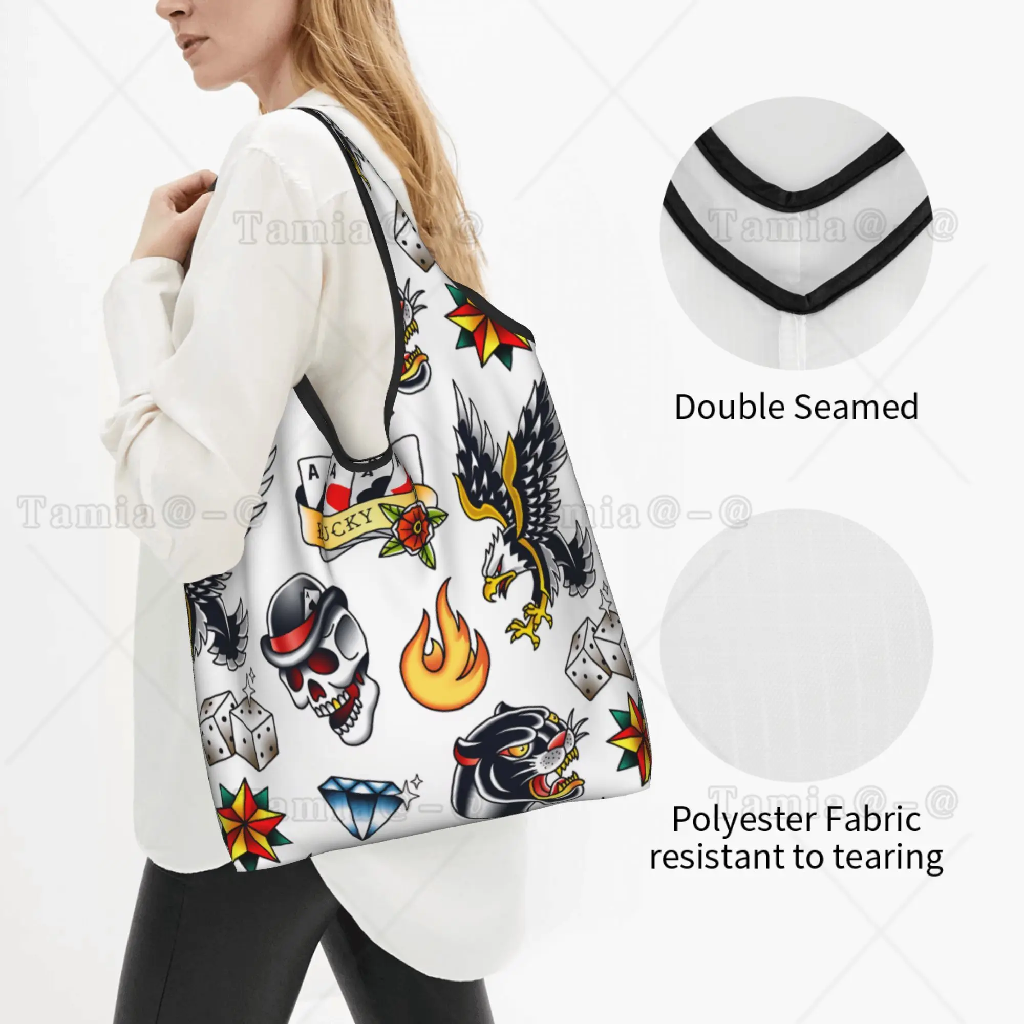 Skull Poker Four Panther Eagle Shopping Bag Fashion Shopper Tote Shoulder Bag Spades Hearts  Handbag