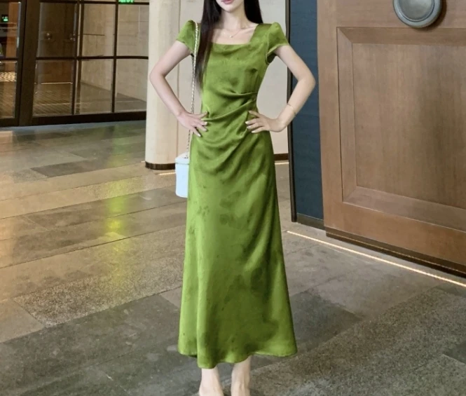 Elegant Vintage jacquard ซาตินแขนสั้น Chic พิมพ์ fairycore Slim ชุดราตรียาว High Street Plus ขนาดเสื้อผ้า