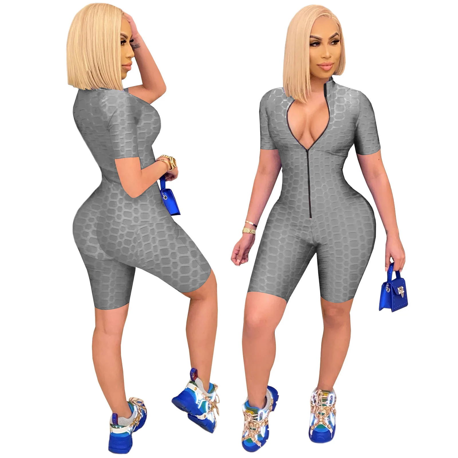 Solid Color Stretch Yoga Bodysuit Shorts with Long Zipper Nightclub Evening Dress