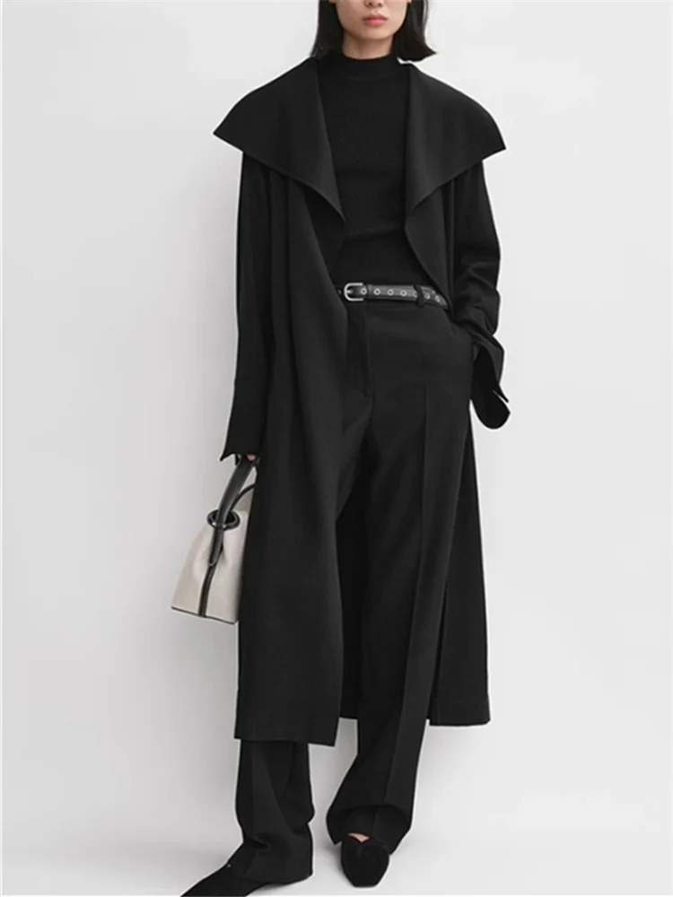 

Ladies Turn-Down Collar Black Long Twill Loose Open Stitch Coat Women Simple Style No Buckle Sashes Jacket 2024 Early Autumn New