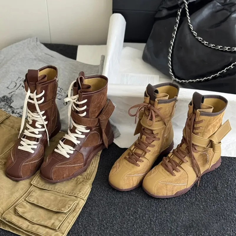

2025 New Retro Suede Genuine Leather Women Boots Lace-Up Side Zipper Mid-Calf Boots Female Fashion Casual Shoes Zapatos Khaki