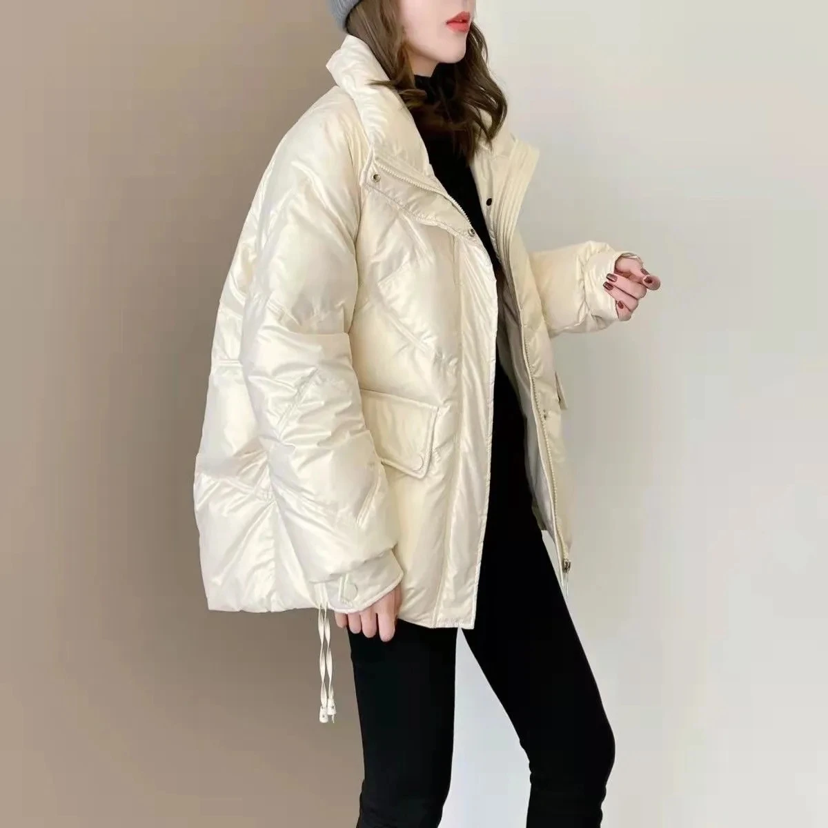 Abrigo de plumón de algodón brillante para mujer, Parkas cálidas gruesas y sueltas coreanas, chaqueta de plumas con cremallera y cuello alto, chaquetas casuales femeninas, Invierno