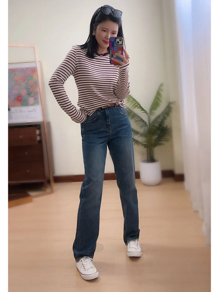 

Betzou элитные прямые джинсы с зашифрованными штанинами, женские новые брюки 2024, осень-зима, длинные брюки глубокого цвета с высокой талией