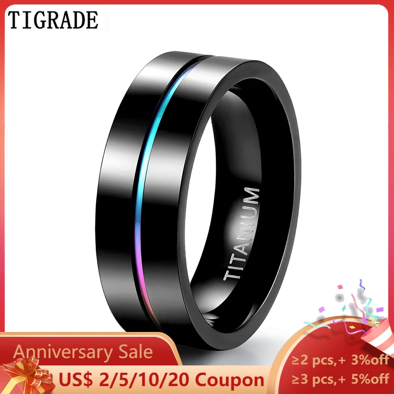 Tigrade 5mm 7mm 9mm Men Black Ring Titanium Women Wedding Band Rainbow Thin Groove Couple Rings Bague Homme Anels