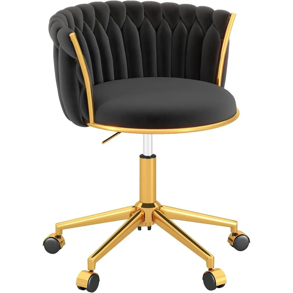 

Luxurious Velvet Swivel Chair with Wheels, Adjustable Height for Vanity, Desk or Bedroom, Gold Base, Black