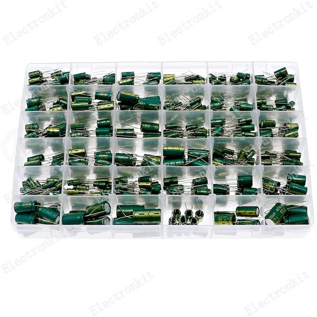 810 szt. 36 rodzajów aluminiowych kondensatorów elektrolitycznych zestaw 10 V-63 V 1uF-1500uF różne zestawy pudełko do przechowywania wysokiej częstotliwości niski ESR z pudełkiem