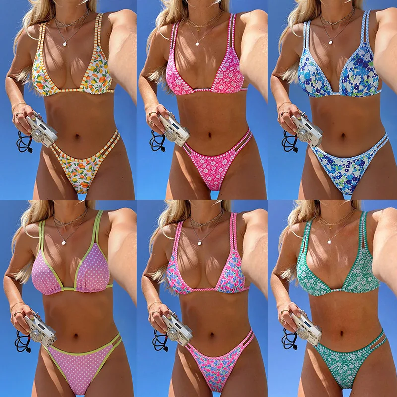 

2025 New Bikini Shoulder Strap Printed Bathing Suit Low Waist Sexy Split Swimsuit for Women