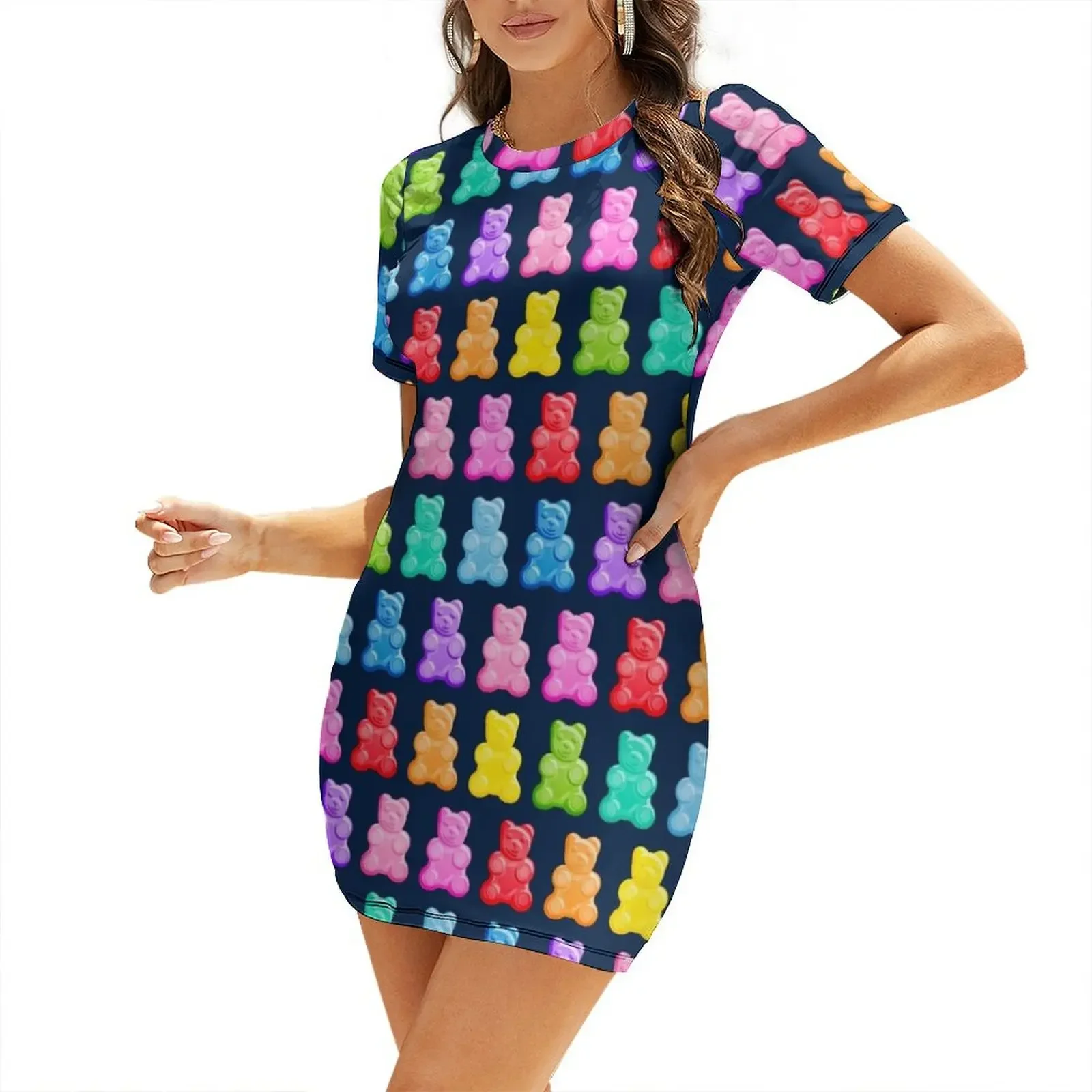 

Gummy Bears on navy Short-Sleeved Dress Prom gown african dresses for woman Clothing female elegant women's sets Dress