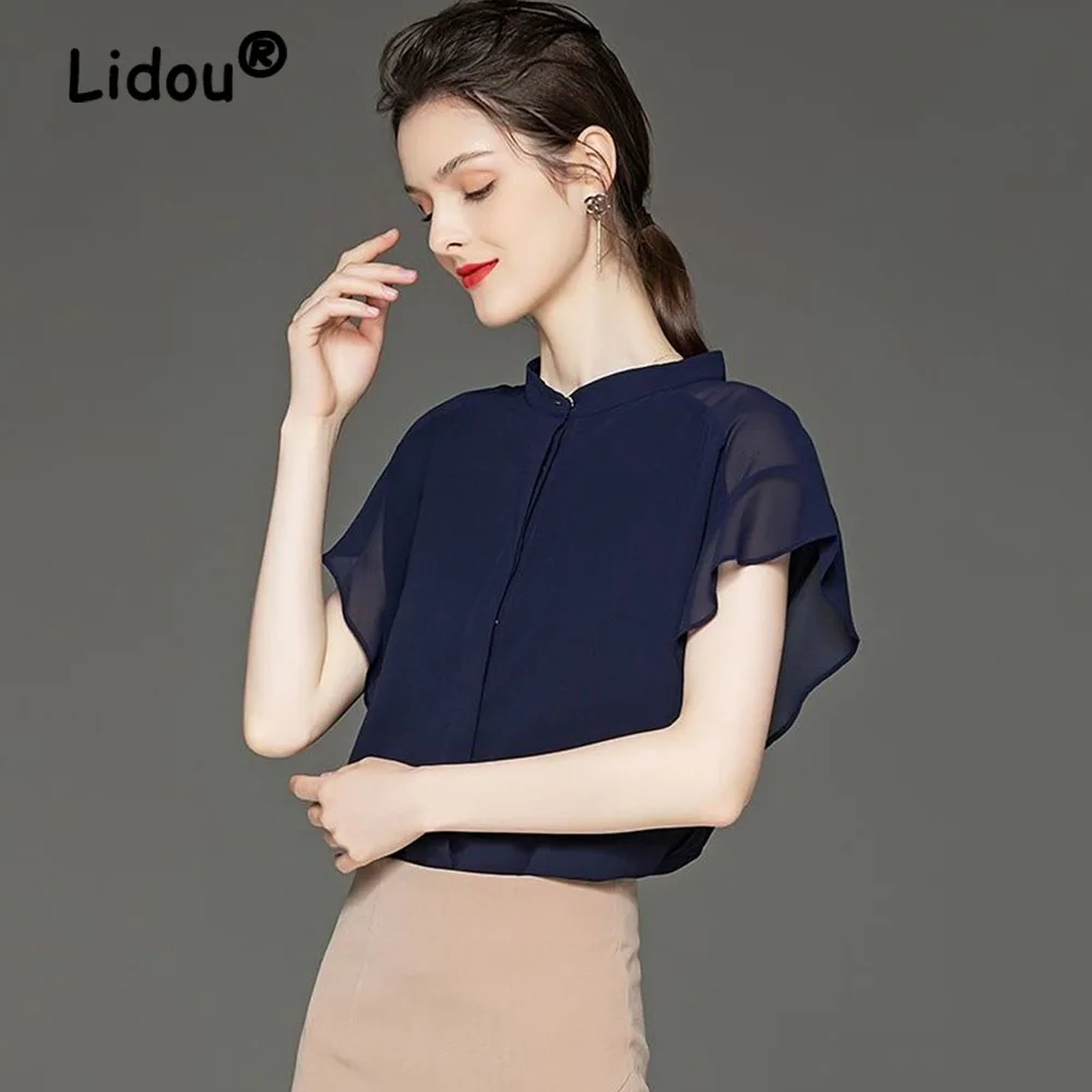 Women Elegant Summer Chiffon Shirt Navy Blue Temperament Women\'s Urban Fashion Pullover Ruffles Chic Wild Office Lady Blouses