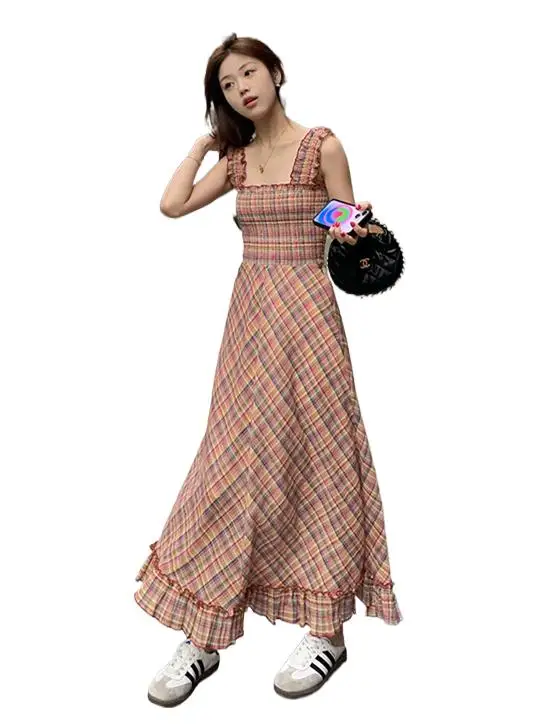 

Ladies Summer Tunic Dress Bohemian Style Flying Sleeve Casual Plaid Dresses Square Neck High Waist Beach Long Dress Vestidos