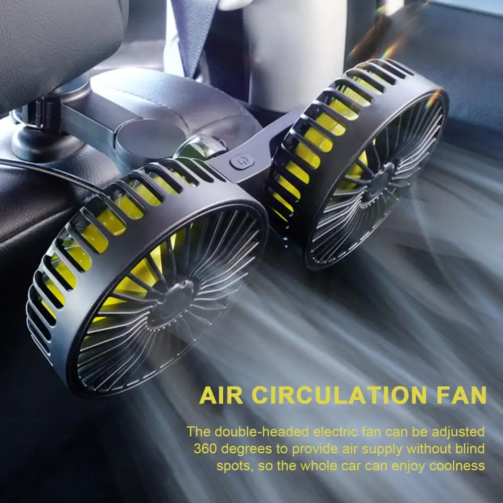 Car Cooling Fan with Dual Head Speed Adjustable Low Noise Rear Seat Fan Air Conditioner Auto for Bedroom Office