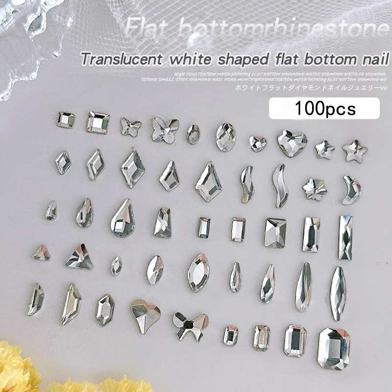 100PCS Flat Bottom Mini Crystal White Mixed form Nail Art Rhinestone High Quality Glass Stone 3D Manicure DIY Decorative