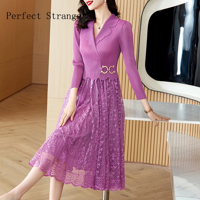 2024 Sanzhai Vestidos Spring New Miyake Pleated Elastic Women Waist Slim  High Waist A-line Large Hem Suit Neck Lace LongDress