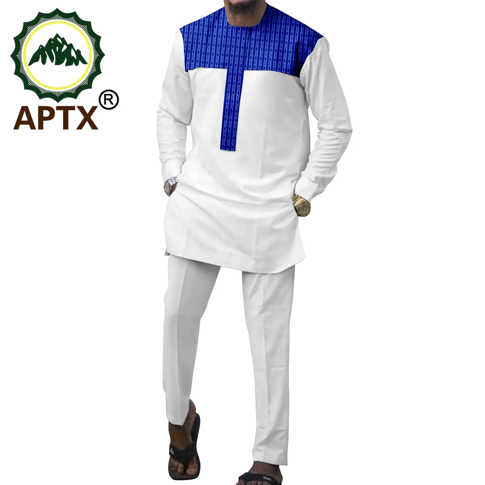 APTX African Clothes for Men 2 Pieces Tracksuit Patchwork Top + Full Length Slim Pants Casual Suit TA2316003