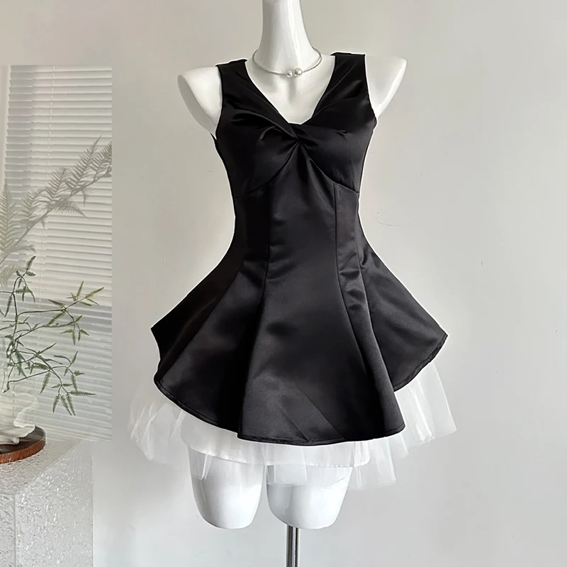 Puffly Satin Dress Women Fashion V-Neck Mesh Patchwork High Waist Party Short Dress Black Vest Dress Pink Black Mini Dress