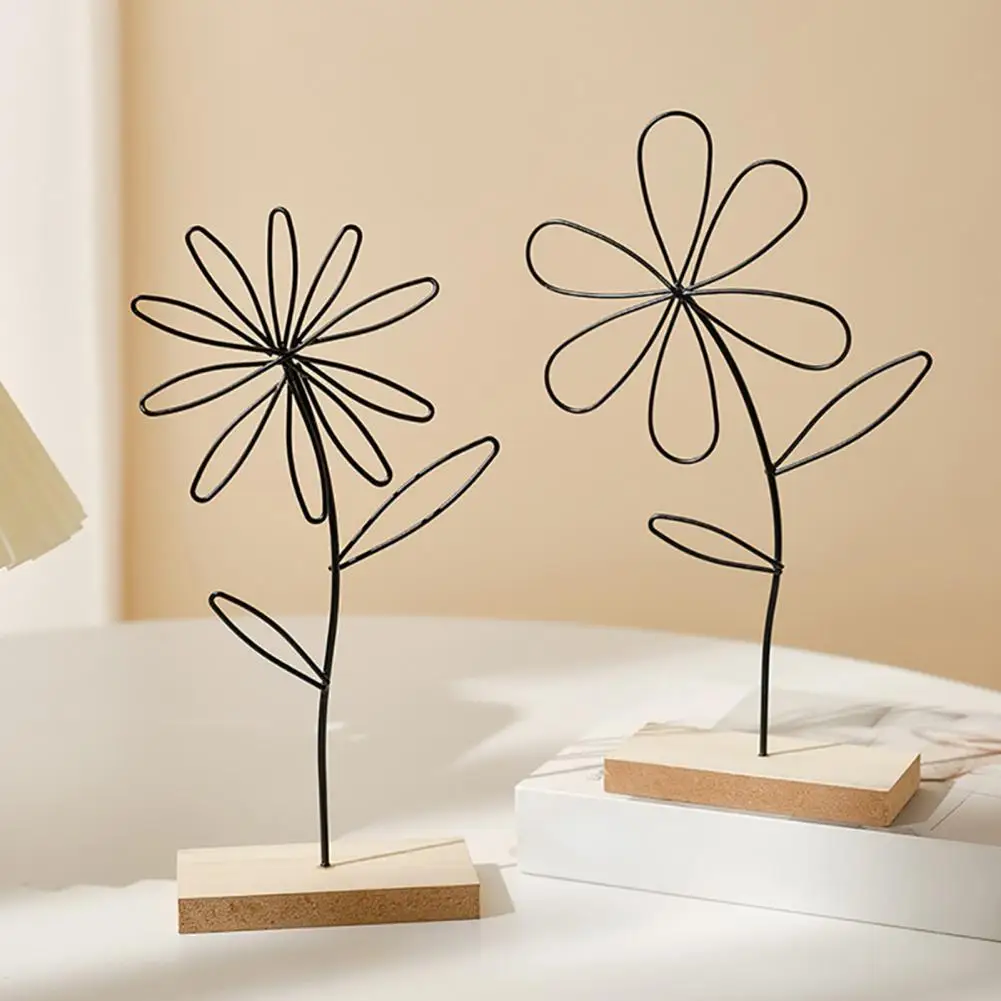 Nordic Style Wrought Iron Decoration 3D Hollow Flower Ornament with Wood Base for Living Room TV Stands Wine Cabinets Home Decor