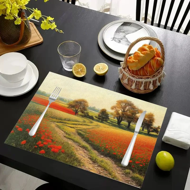 VIKAMA Placemat Oil Painting Flower Meadow, Waterproof Oil-Proof Heat-Resistant Non-Slip Dining Table Mat