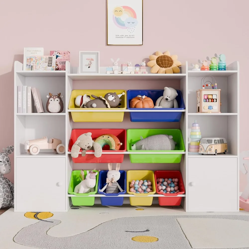 Kids Toy Storage Organizer W/8 Removable Toy Bins, 4-Tier Toy Organizers W/6 Storage Cubbies, Kids Bookshelf and Toy Storage fo