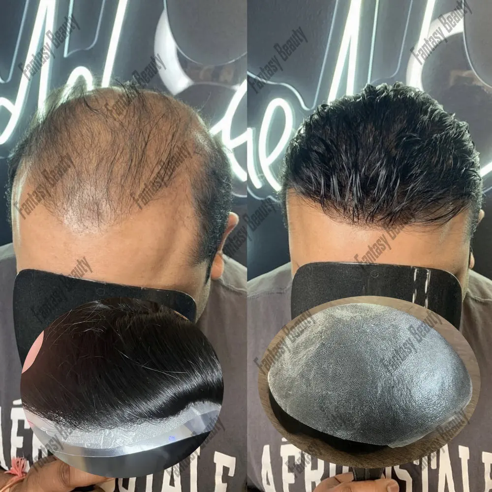 Super Utral Thin Skin 0.02mm Base Human Hair Toupee dla mężczyzn Naturalna linia włosów 80% Gęstość Czarny Szary Męska proteza kapilarna