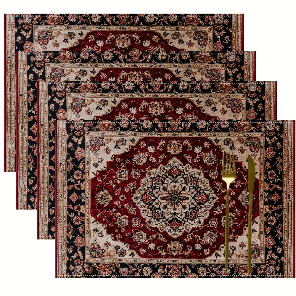 4pcs Carpet Design 2D Printed Placemats Lightweight Durable Linen Table Mats, Elegant Floral Motifs for Mother’s Day, Easter