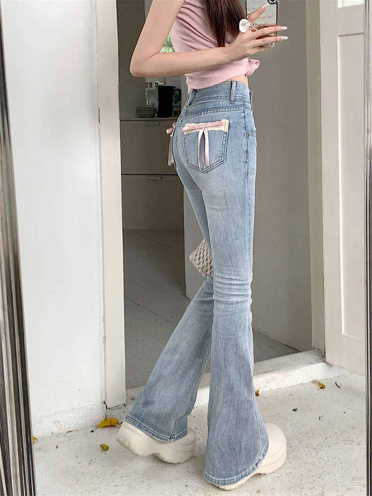 Women Blue Baggy Bow Jeans Streetwear Vintage 90s Y2k Streetwear High Waist Straight Denim Trouser Korean Loose Flare Pants