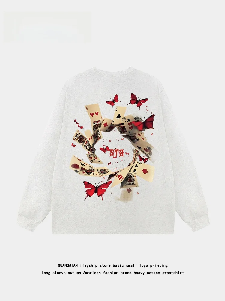 アメリカンスタイル長袖tシャツ-ユニセックス-ルーズカジュアルデザイン-ストリートウェア-バタフライポーカープリント-秋トップス-ポリエステルコットン