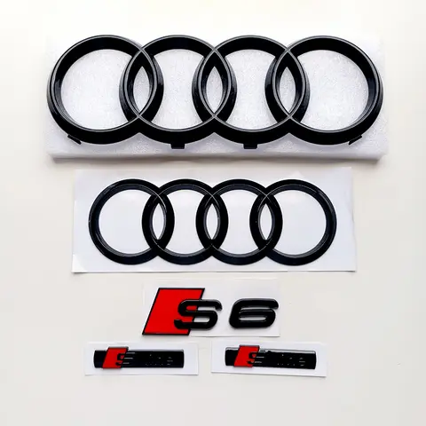 Para AUDI S6 2012-2018 2019-2024 logo de 4 anillos emblema delantero de capó de coche negro brillante insignia de maletero trasero reemplazo de pegatina modificada
