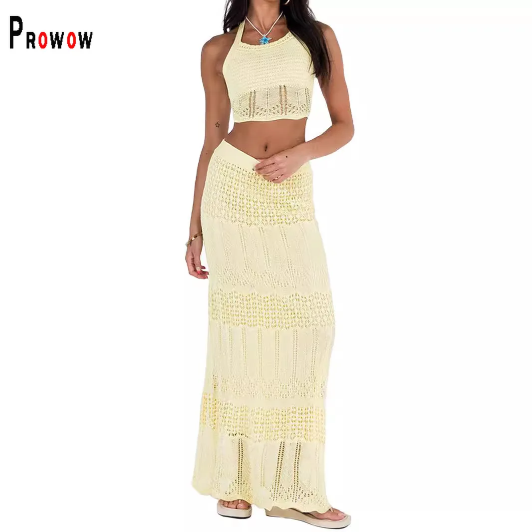 Prowow Crochet Knitted Women Set Halter Cropped Tops Maxi Skirts Two Piece Matching Suits Solid Color Female Vacation Beach Wear