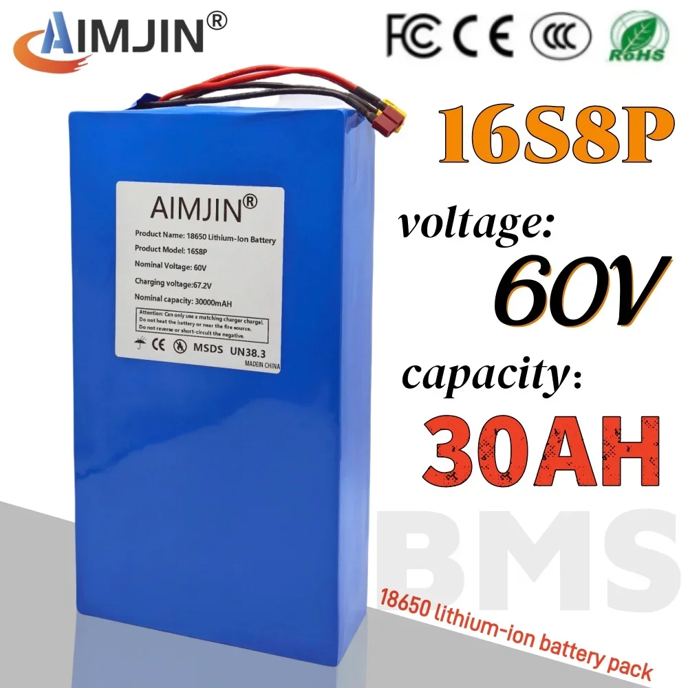 New 60V 30000mAh High-capacity 16S8P Rechargeable ithium Battery 1000-3000W high power，for Electric Scooter Battery With BMS