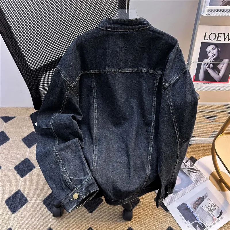 

Мужское джинсовое пальто Waed Jaet, повседневное свободное джинсовое пальто с воротником-стойкой, осень-весна, модный бренд в американском стиле