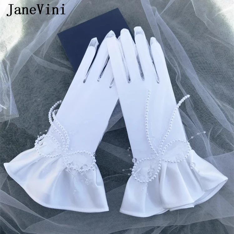 JaneVini Luva Vintage Women Gloves Pearl Beading Bridal Wedding Gloves Tulle Satin Short Wrist Bride Gloves Gants Mariee Perle