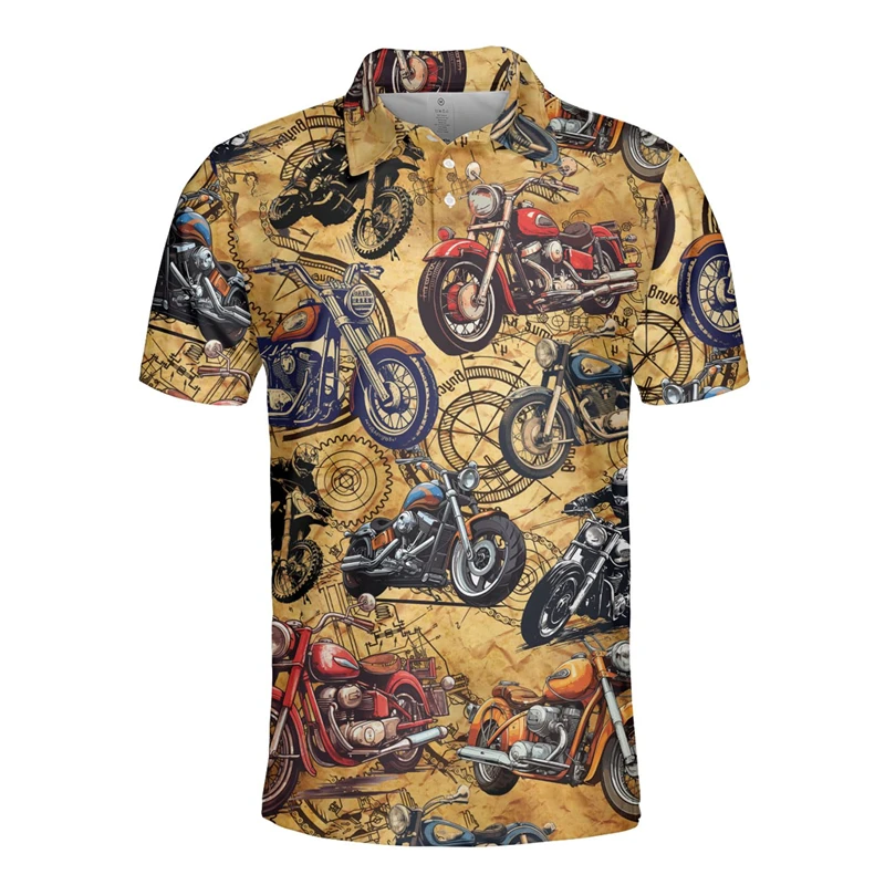 Vintage Motorcycle Streetwear 3D Print Short Sleeve Polo Shirts For Men Clothes Racing Hawaiian Button POLO Shirt Party Club Top